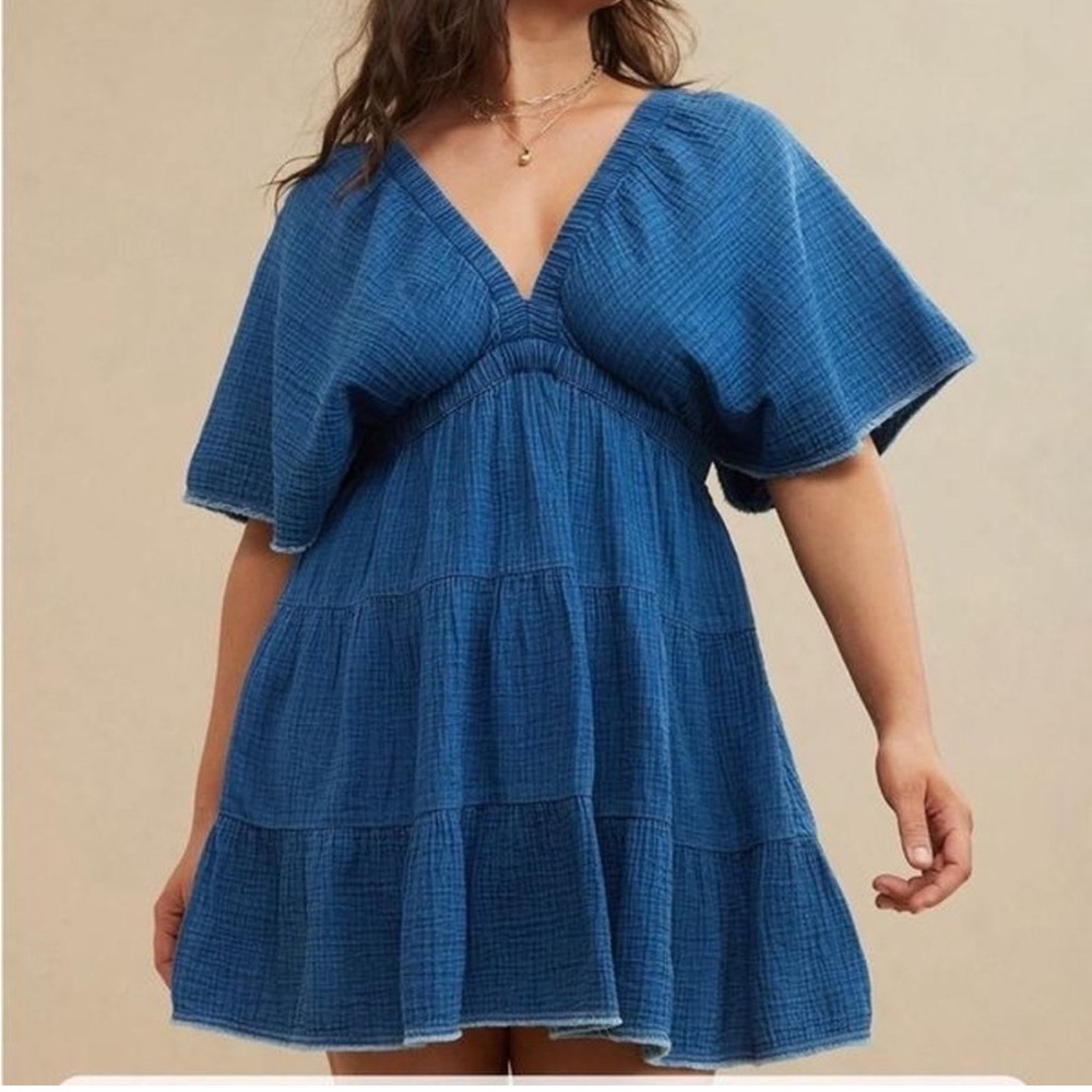 NWT! Aerie Pool to Party Flutter Sleeve Dress Blue Denim Texture Tier Mini Dress